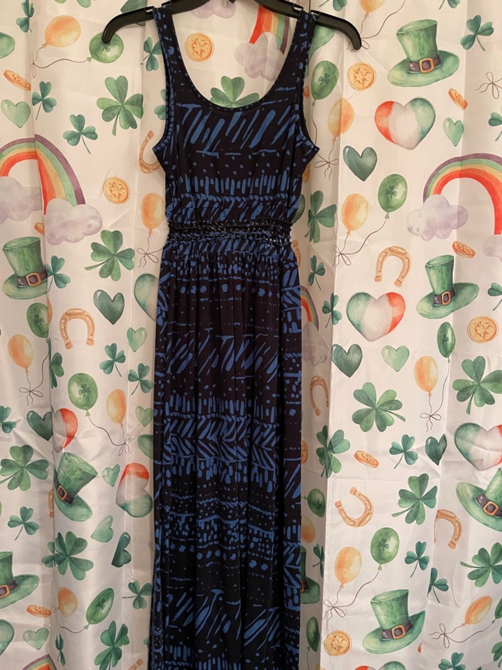 Sleeveless Blue and Black Patterned Maxi Dress